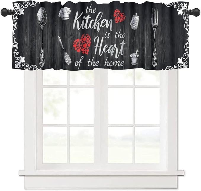 Retro Farmhouse Kitchen Valance, Black White Vintage Country Fork Spoon Heart Wooden Farm Short Curtain for Dining Room Bedroom Living Room Resturant Cafe Home Decor, 54x18Inch