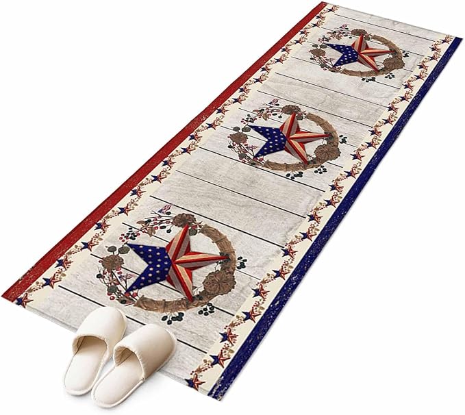Runner Rug for Bedroom Hallway, Retro USA Flag Star and Berry Kitchen Runner Rugs Area Rug 2x6ft, Wooden Texture Washable Soft Floor Carpet for Entryway Stair