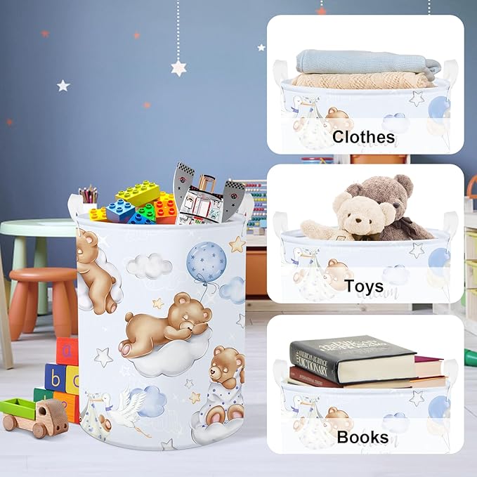 Clastyle 45L Large Blue Sleeping Bear Kid Boy Girl Laundry Hamper with Handle Collapsible Star Moon Clothes Toy Storage Basket with Lid for Nursery