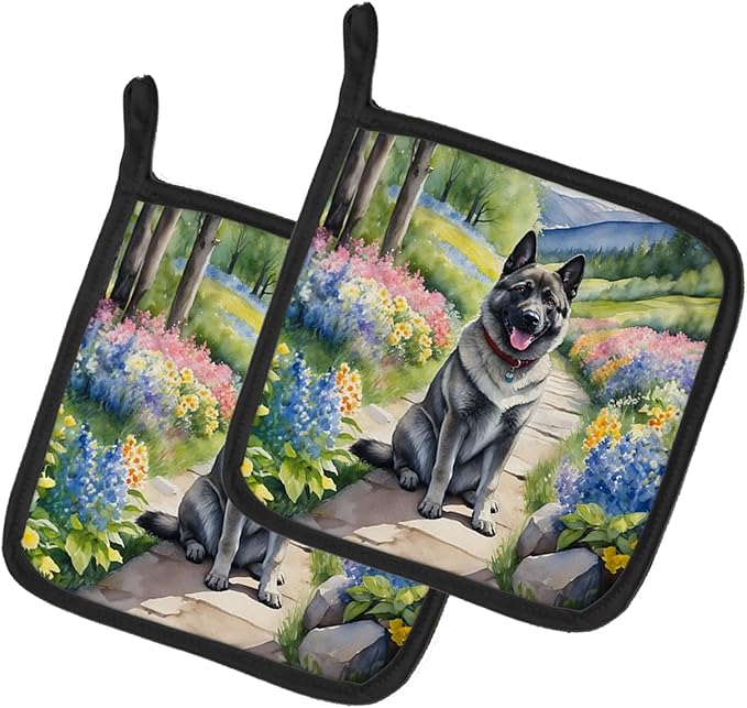 Caroline's Treasures Norwegian Elkhound Spring Path Pair of Pot Holders Kitchen Heat Resistant Pot Holders Sets Oven Hot Pads for Cooking Baking BBQ, 7 1/2 x 7 1/2
