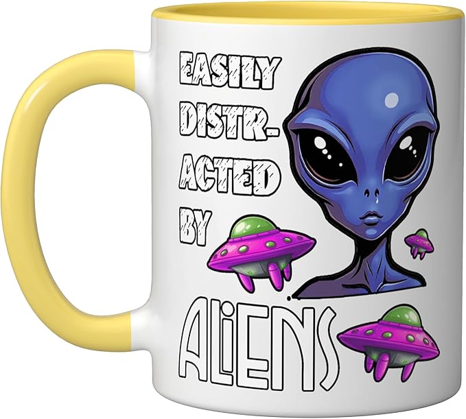 Easily Distracted By Aliens Funny Sci Fi Apparel Design Ceramic Mug, Yellow/White