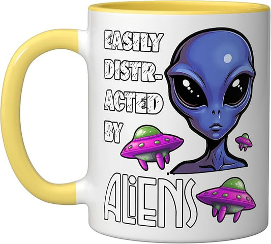 Easily Distracted By Aliens Funny Sci Fi Apparel Design Ceramic Mug, Yellow/White