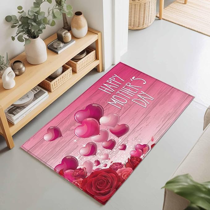 Area Rug 2x3ft, Mother's Day Love Balloon Rose Washable Rugs for Living Room Bedroom, Gradient Pink Wood Grain Soft Non-Slip Area Rugs Rectangle Floor Carpet for Dining Room