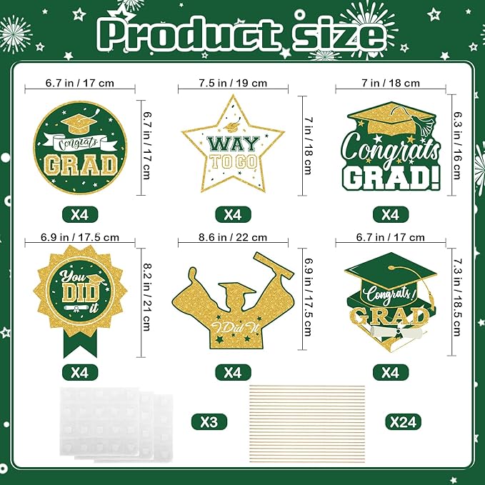 2026 Graduation Party Decorations - 24 Pcs Class of 2026 Congrats Grad Table Centerpieces Graduation Table Decorations Sticks Table Toppers for Graduation Party (Green Gold)