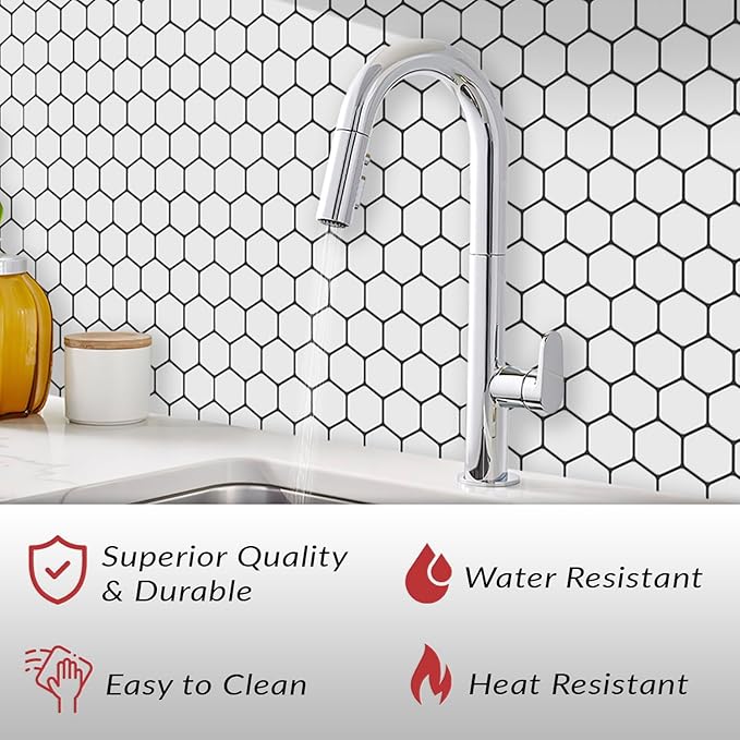 DÉCOR WOW Peel & Stick Backsplash for Kitchen & Bathroom, (8) 12x12-inch Sheets Covers 8 Sq. Ft, White Hexagon
