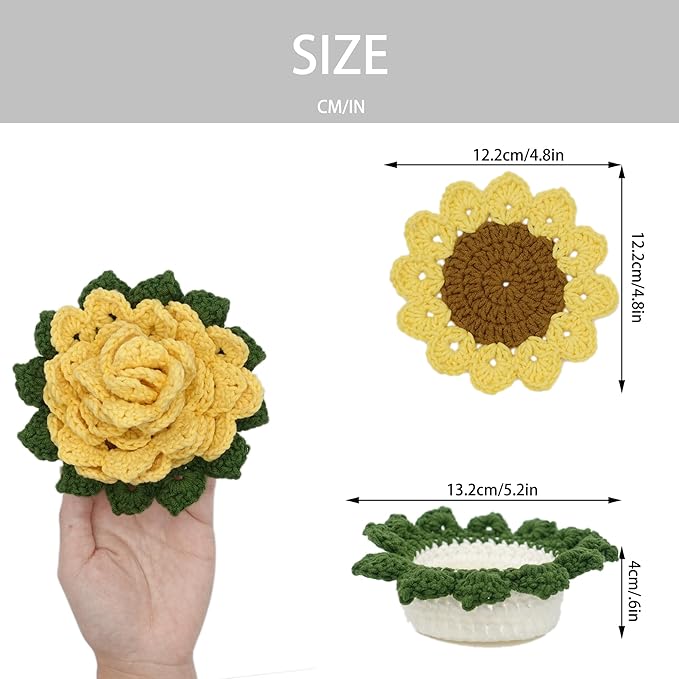DICHA Sunflower Crochet Coasters with Plant Pot-Container Beverage Coaster Sets with Holder Bar Coasters for Drinks Coffee Table Desk-Succulent Plant Pot Coaster-Set of 5