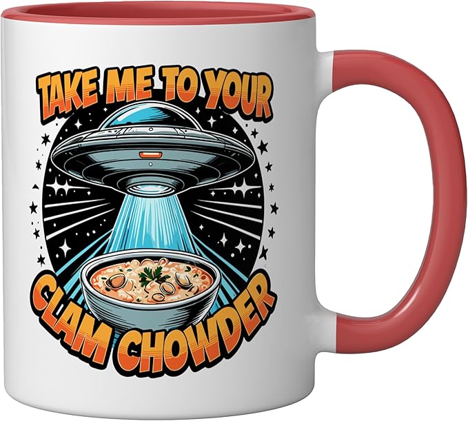 Take Me to Your Clam Chowder UFO Abduction Clam Chowder Ceramic Mug, Red/White