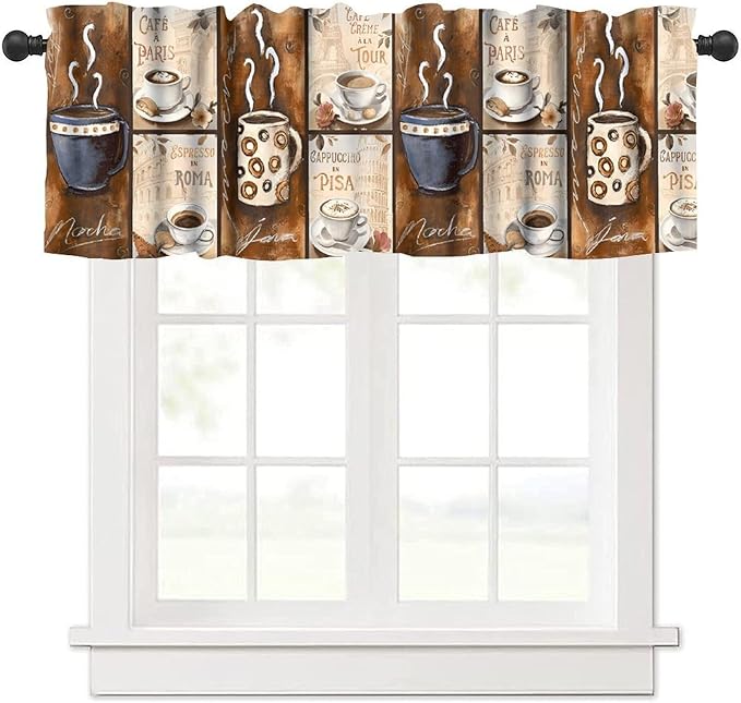 Vintage Coffee Curtain Valance, Rustic European City Paris Rome Pisa Short Window Treatment for Kitchen Cafe Bedroom Dining Living Room Home Decor, 54x18Inch
