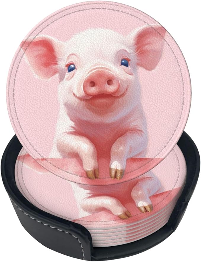 Famame 6 Pcs Pig Feet on Wall Leather Coasters for Drinks with Holder Coaster Sets Drink Table Cup Coasters for Living Room Kitchen Coffee Decor