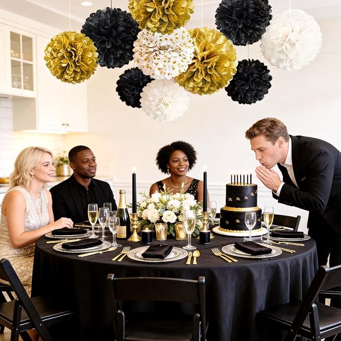NICROLANDEE Black and Gold Party Supplies for 2026 Graduation - 12PCS Tissue Pom Poms 12" Decorative for Graduation, Wedding, Milestones Birthday for Men Women, Retirement Party, New Years Eve Party