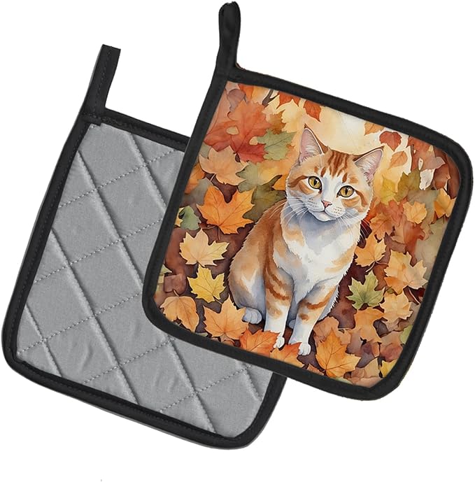 Caroline's Treasures Manx Cat in Fall Leaves Pair of Pot Holders Kitchen Heat Resistant Pot Holders Sets Oven Hot Pads for Cooking Baking BBQ, 7 1/2 x 7 1/2