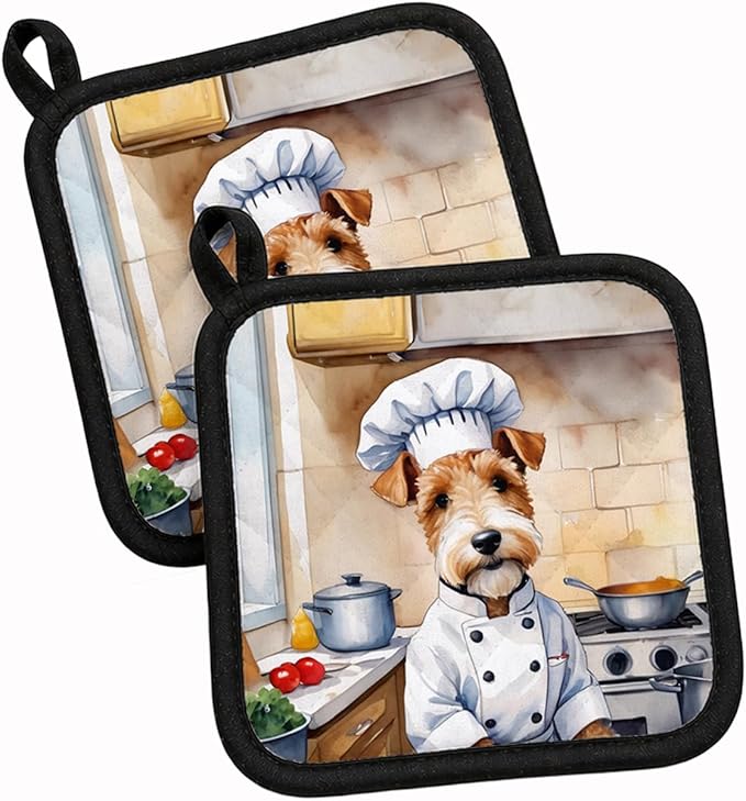 Caroline's Treasures Fox Terrier The Chef Pair of Pot Holders Kitchen Heat Resistant Pot Holders Sets Oven Hot Pads for Cooking Baking BBQ, 7 1/2 x 7 1/2