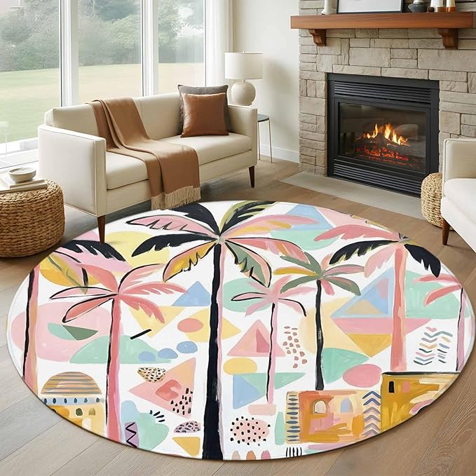 Washable Round Area Rug Boho Summer Artistic Palm Trees Circle Rugs Floor Carpet for Living Room Bedroom, Abstract Buildings Soft Non Slip Round Rug 5ft