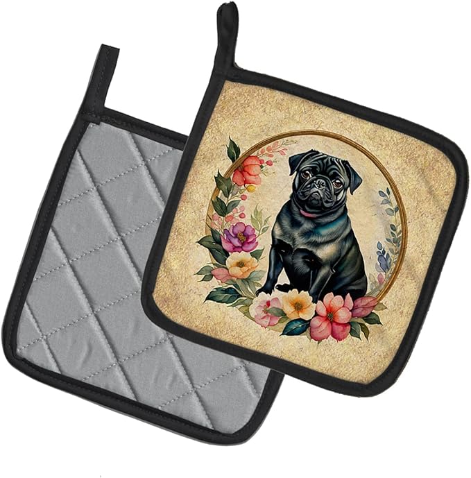 Caroline's Treasures Black Pug and Flowers Pair of Pot Holders Kitchen Heat Resistant Pot Holders Sets Oven Hot Pads for Cooking Baking BBQ, 7 1/2 x 7 1/2