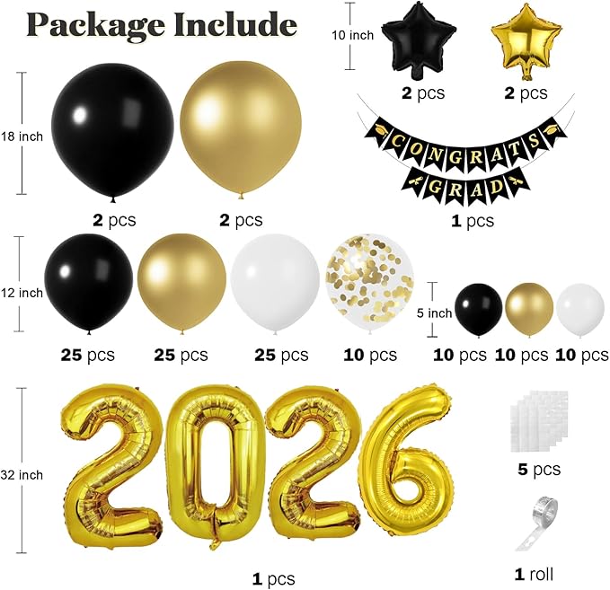 Graduation Decorations Class of 2026: Gold and Black Graduation Balloon Arch Garland Kit and Gold Confetti Balloons Congrats Grad Banner 2026 Foil Balloon Decorations For Grad Party