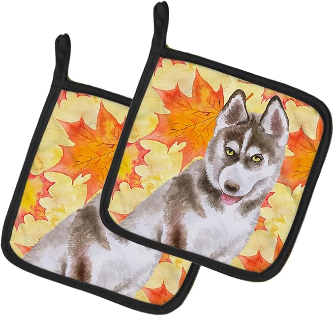 Caroline's Treasures BB9957PTHD Siberian Husky Grey Fall Pair of Pot Holders, Yellow Kitchen Heat Resistant Pot Holders Sets Oven Hot Pads for Cooking Baking BBQ, 7 1/2 x 7 1/2
