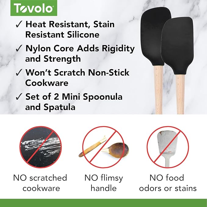 Tovolo Mini Spoon Spatula Wooden Handle Set for Cooking and Baking, Heat Resistant Safe for Cast Iron BPA Free Silicone Mixing Tool Natural Wood Perfect for Scraper Mixing Spooning, Black