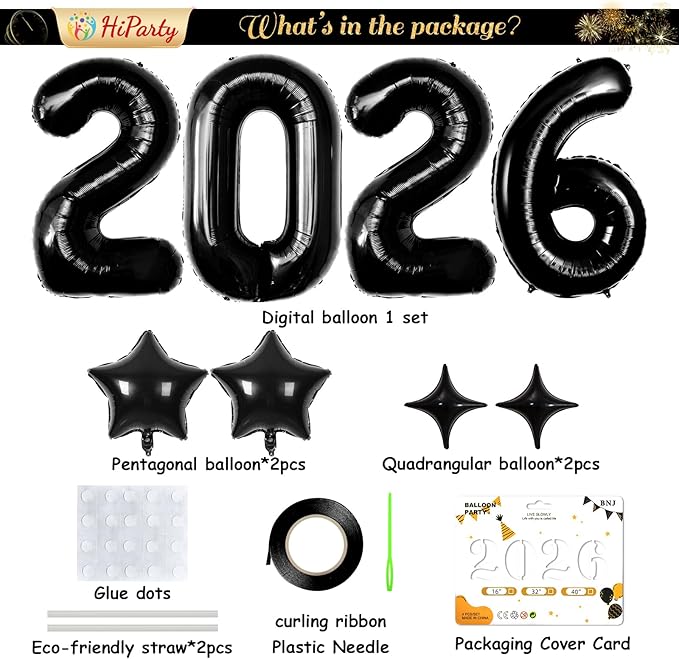 Upgraded, 42in Large 2026 Balloons Numbers, with 4pcs Star Balloon and Accessories, 3D Premium Aluminum Foil, Ideal Graduation Balloons for Graduation Decorations 2026, Grad Party Decorations, Black