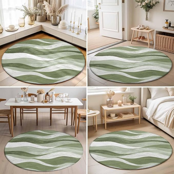 Washable Round Area Rug Modern Sage Green Gradient Stripe Circle Rugs Floor Carpet for Living Room Bedroom, Abstract Ocean Wave Soft Non Slip Round Rug 3ft
