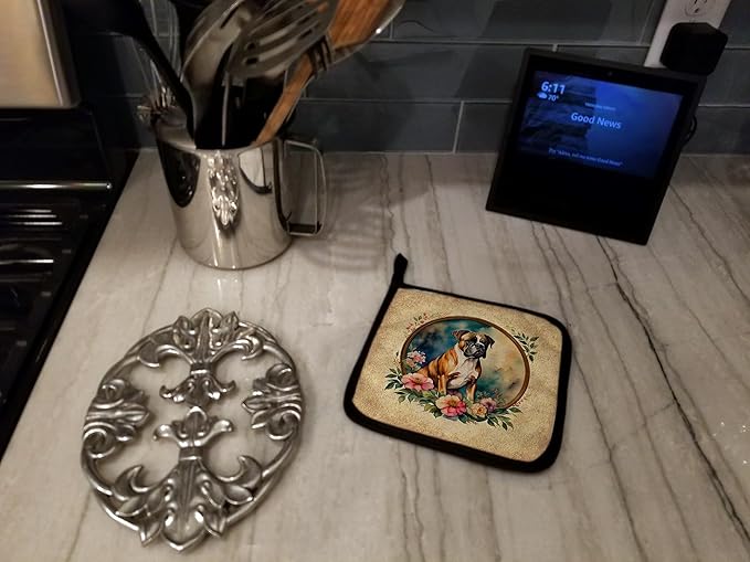 Caroline's Treasures Boxer and Flowers Pair of Pot Holders Kitchen Heat Resistant Pot Holders Sets Oven Hot Pads for Cooking Baking BBQ, 7 1/2 x 7 1/2