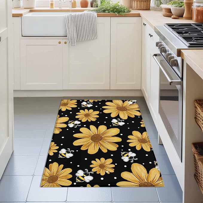 Area Rug 2x3ft, Summer Daisy Flower Bee on Black Washable Rugs for Living Room Bedroom, Spring Watercolor Floral Soft Non-Slip Area Rugs Rectangle Floor Carpet for Dining Room