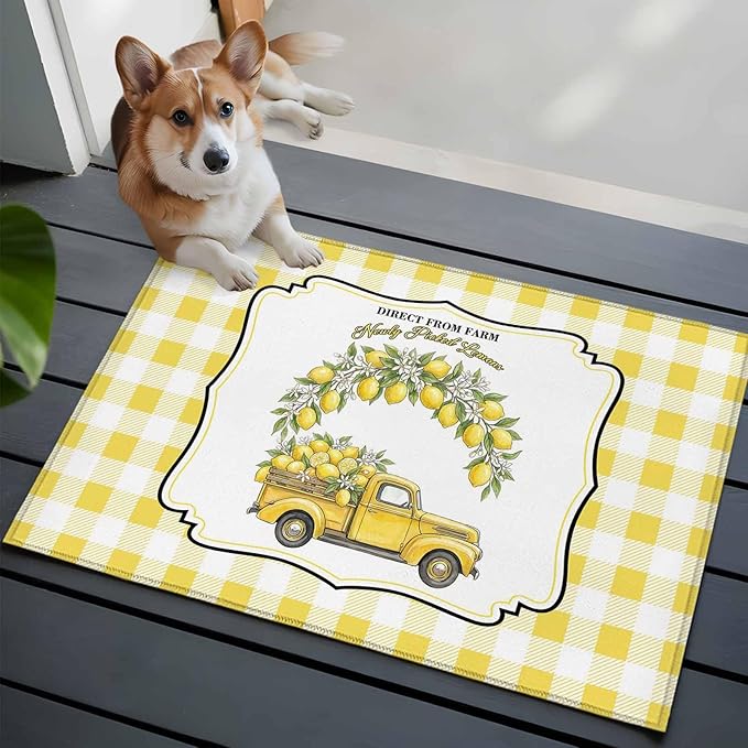 Area Rug 2x3ft, Farm Yellow Truck Lemon Fruit Washable Rugs for Living Room Bedroom, Flower Leaves Buffalo Plaid Soft Non-Slip Area Rugs Rectangle Floor Carpet for Dining Room