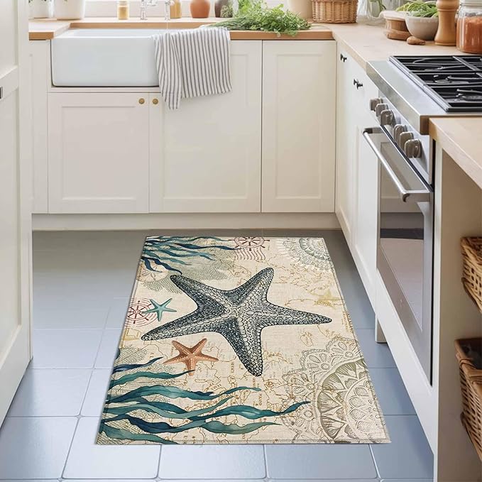 Area Rug 2x3ft, Nautical Starfish Teal Seaweed Starfish Washable Rugs for Living Room Bedroom, Marine Life Soft Non-Slip Area Rugs Rectangle Floor Carpet for Dining Room