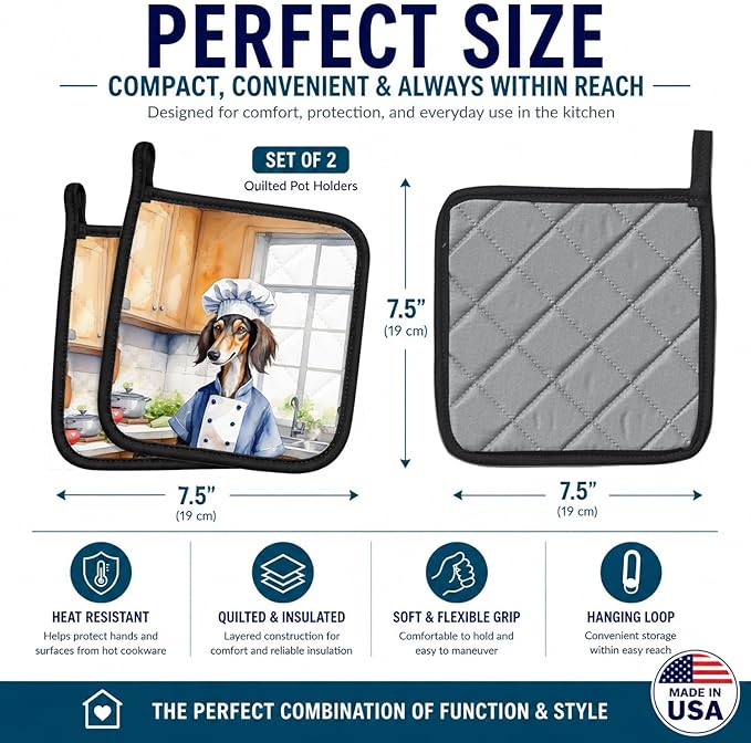 Caroline's Treasures Saluki The Chef Pair of Pot Holders Kitchen Heat Resistant Pot Holders Sets Oven Hot Pads for Cooking Baking BBQ, 7 1/2 x 7 1/2