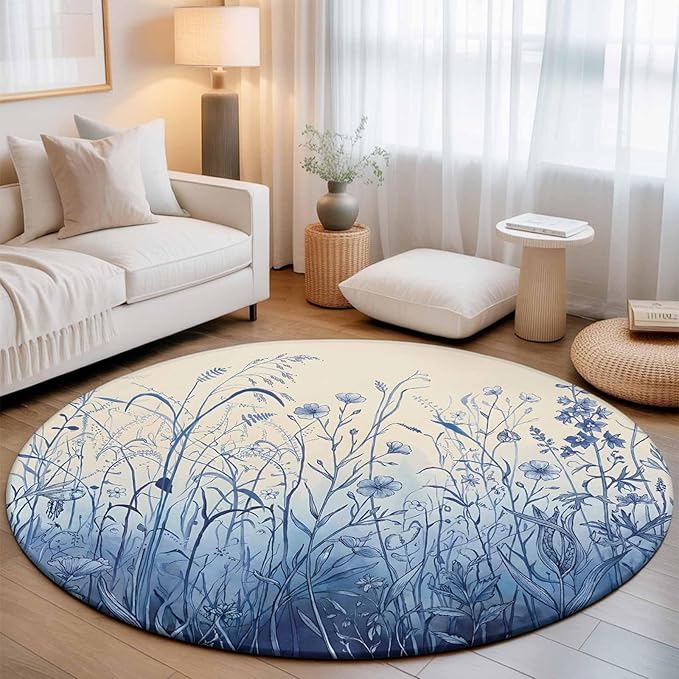 Washable Round Area Rug Vintage Boho Blue Wildflowers Meadow Circle Rugs Floor Carpet for Living Room Bedroom, Abstract Flower Soft Non Slip Round Rug 3ft