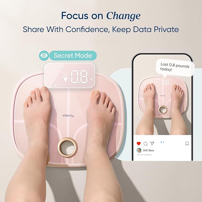 Etekcity Rechargeable Pink Smart Scale for Body Weight, BMI, Fat, Muscle Mass, Digital Bathroom Scale with 13 Metrics, Secret Mode, Bluetooth Connect to Free Apps, Cotton Candy Pink