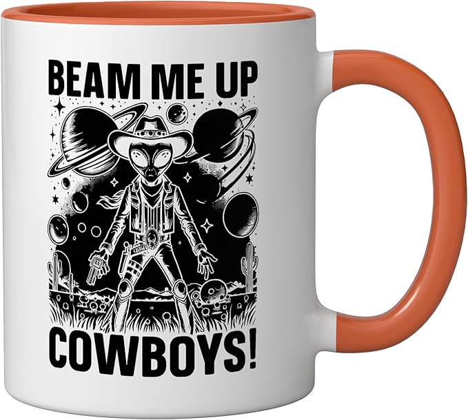 Alien Lover Flying Saucer UFO Extraterrestrial Cowboy Ceramic Mug, Orange/White