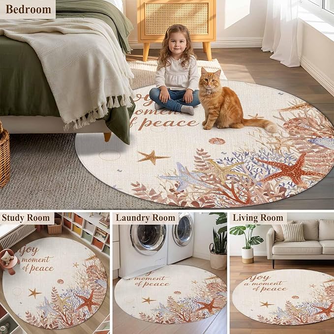Washable Round Area Rug Orange Marine Starfish Coral Seaweed Circle Rugs Floor Carpet for Living Room Bedroom, Peace Quote on Linen Soft Non Slip Round Rug 3ft