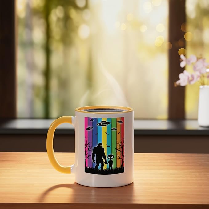 Bigfoot Holding Hands With Alien Ufo Rainbow Sci Fi Ceramic Mug, Yellow/White