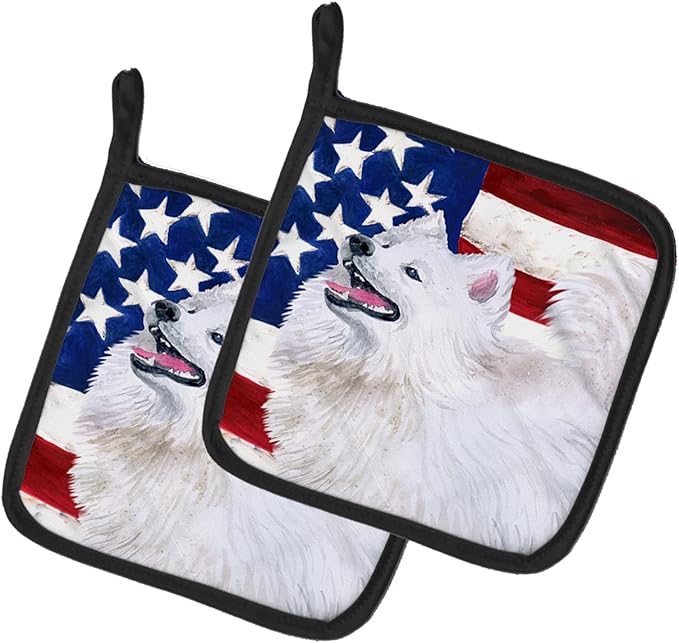 Caroline's Treasures BB9691PTHD Samoyed Patriotic Pair of Pot Holders Kitchen Heat Resistant Pot Holders Sets Oven Hot Pads for Cooking Baking BBQ, 7 1/2 x 7 1/2