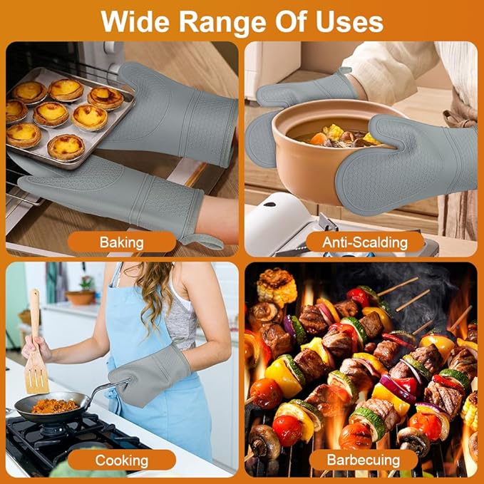 AUAUY Oven Mitts with 2 Potholders, Silicone Oven Gloves Heat Resistant 464°F, Non-Slip Silicone BBQ Gloves, Waterproof Cooking Gloves, Oven Gloves for Barbecue Kitchen Baking Microwave, Grey