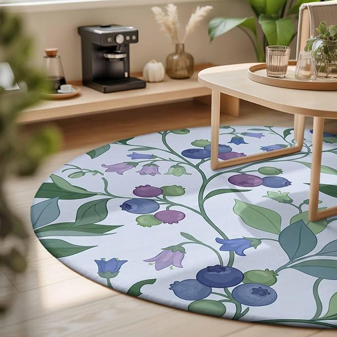 Washable Round Area Rug Blueberries Bell Flowers Circle Rugs Floor Carpet for Living Room Bedroom, Modern Watercolor Plants Soft Non Slip Round Rug 3ft
