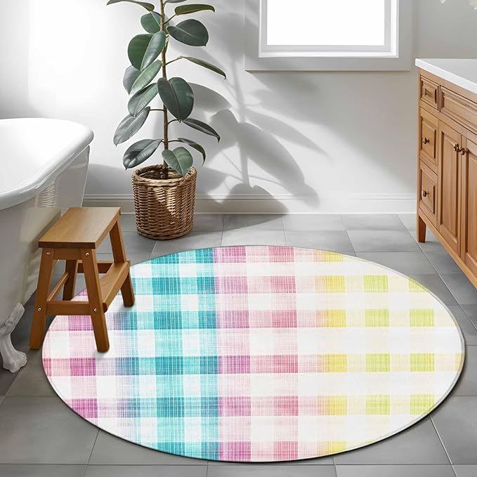 Washable Round Area Rug Easter Red Yellow Blue Stripes Circle Rugs Floor Carpet for Living Room Bedroom, Abstract Buffalo Plaid Soft Non Slip Round Rug 4ft