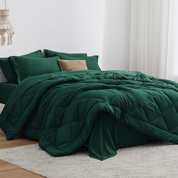 Love's cabin Twin XL Comforter Set Dark Green, 5 Pieces Twin XL Bed in a Bag, All Season Bedding Sets with 1 Comforter, 1 Flat Sheet, 1 Fitted Sheet, 1 Pillowcase and 1 Pillow Sham | Soft, Breathable, Lightweight, Comfortable