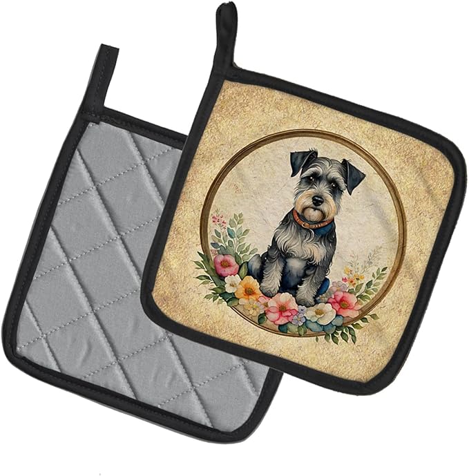 Caroline's Treasures Schnauzer and Flowers Pair of Pot Holders Kitchen Heat Resistant Pot Holders Sets Oven Hot Pads for Cooking Baking BBQ, 7 1/2 x 7 1/2