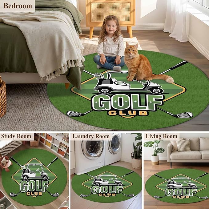 Washable Round Area Rug Golf Club Sports Circle Rugs Floor Carpet for Living Room Bedroom, Green Soft Non Slip Round Rug 5ft