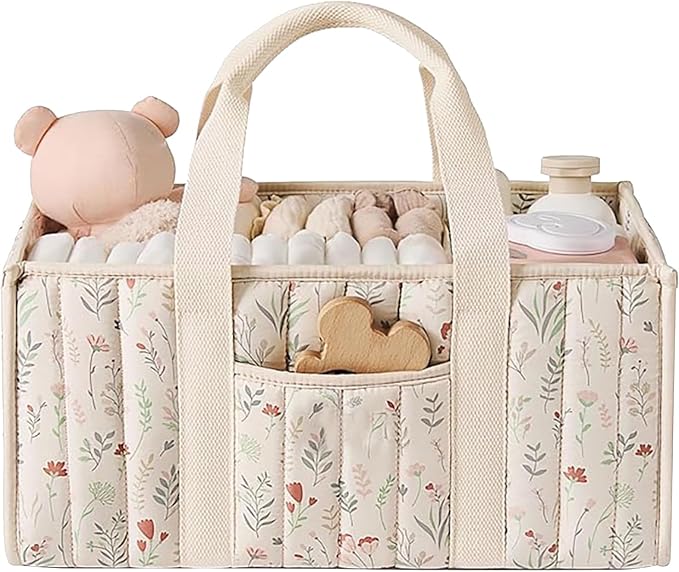 Quilted Fabric Storage Basket Floral Baby Diaper Caddy Quilted Basket for Nursery Bedroom Car Storage (L- Beige 02)