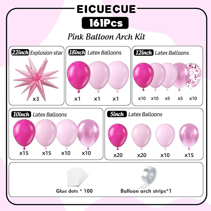 Pink Balloons Garland Arch Kit - 161Pcs Different Size Hot Pink Metallic Pink Shades of Pink and Confetti Balloons for Girl Birthday Baby Shower Princess Valentine's Day Party Decorations