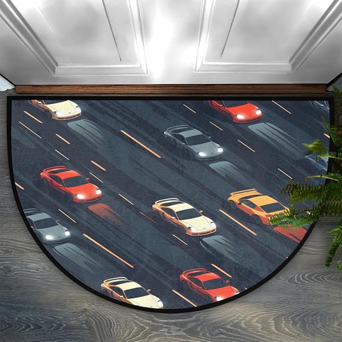 Blue Race Car Half-Round Door Mat | Indoor Entrance Half-Moon Rug | Low-Pile | Area Rug, Non-Slip, Absorbent Semi-Circle Welcome Mats for Kitchen, Patio, and Home Decor | 36x24 Inches