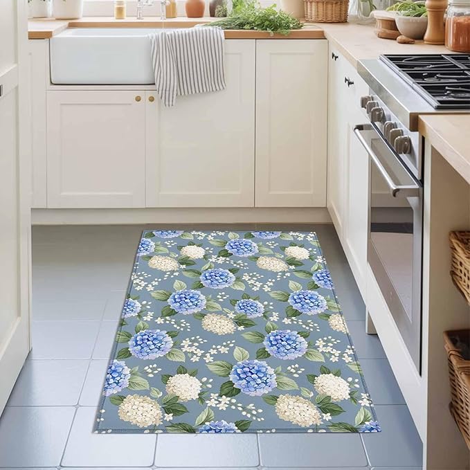 Area Rug 2x3ft, Watercolor Purple White Hydrangea Washable Rugs for Living Room Bedroom, Spring Flower on Gray Blue Soft Non-Slip Area Rugs Rectangle Floor Carpet for Dining Room