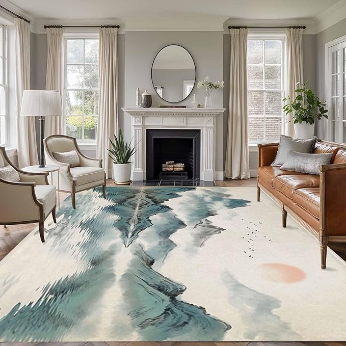 Area Rug 9x12ft, Chinese Zen Landscape Ombre Washable Rugs for Living Room Bedroom Rectangle Floor Carpet, Abstract Mountain Lake Soft Non-Slip Area Rugs for Dining Room