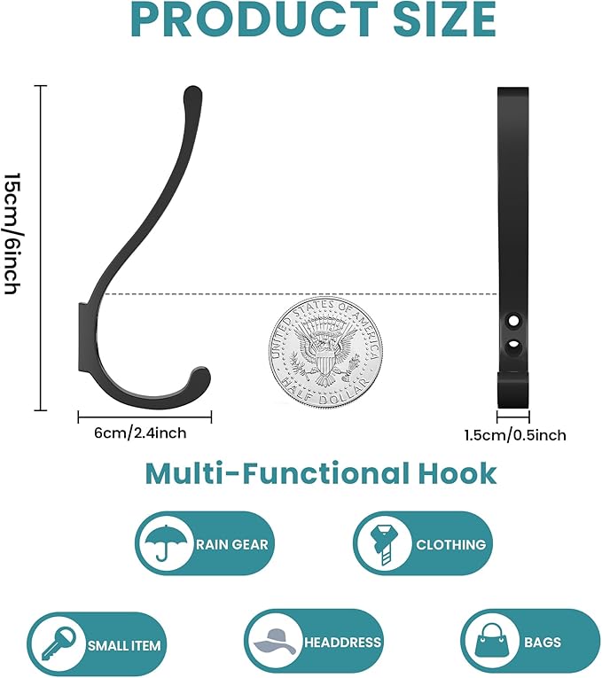 BREYDROK 6-Pack Heavy Duty Coat Hooks for Wall Mount - Durable Wall-Mounted Hooks for Hanging Coats, Backpacks & Bookbags, Rust-Resistant Coat Hanger Hooks for Entryway, Garage, Dorm