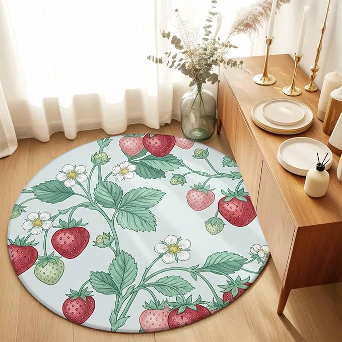 Washable Round Area Rug Strawberries White Flowers Circle Rugs Floor Carpet for Living Room Bedroom, Rustic Garden Botanical Soft Non Slip Round Rug 3ft