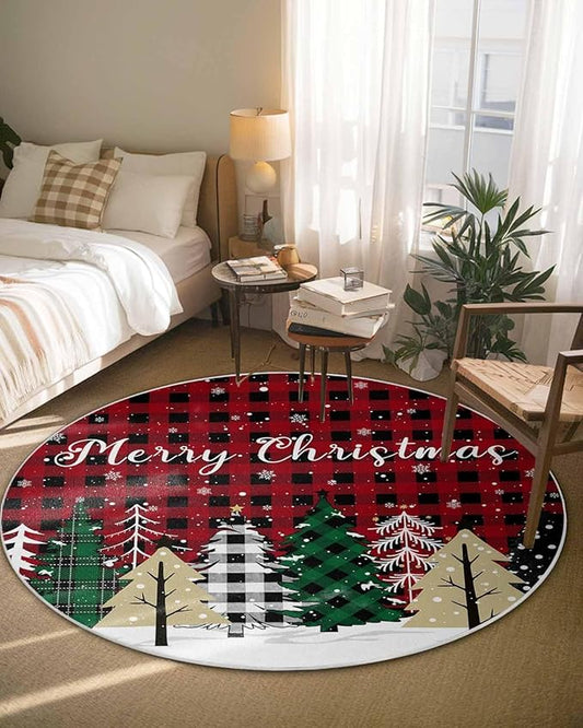 Round Area Rug,Christmas Tree Red Black Buffalo Plaid Circle Living Room Rug Non-Slip Rugs Indoor Carpet,Winter Snowflake Seamless Soft Comfort Rugs for Bedroom KidsRoom Nursery