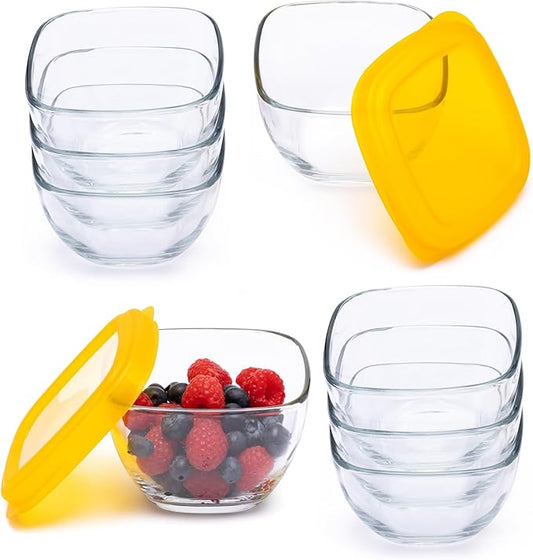 Libbey Serve It 16 Piece 2 Cup Glass Storage Bowl Container Set with Yellow Plastic Lids
