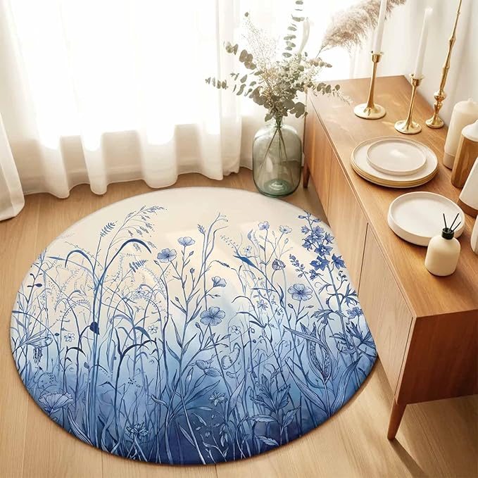 Washable Round Area Rug Vintage Boho Blue Wildflowers Meadow Circle Rugs Floor Carpet for Living Room Bedroom, Abstract Flower Soft Non Slip Round Rug 5ft